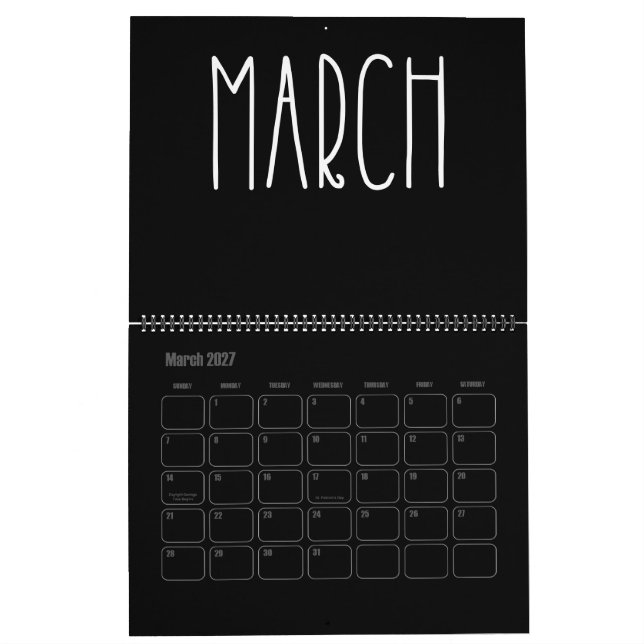 Calendário Preto e Branco Moderno Preto (Mar 2027)
