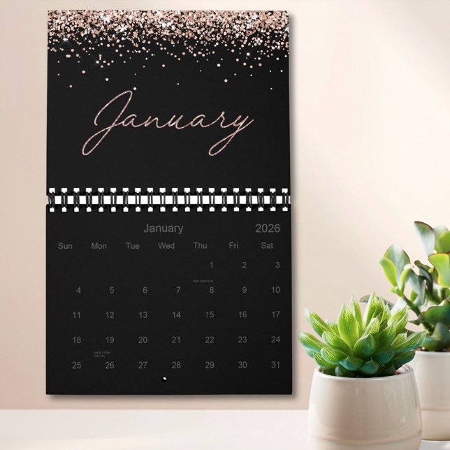 Calendário Preto Rosa Dourado Brilho Elegante Moderno Script  (In situ)