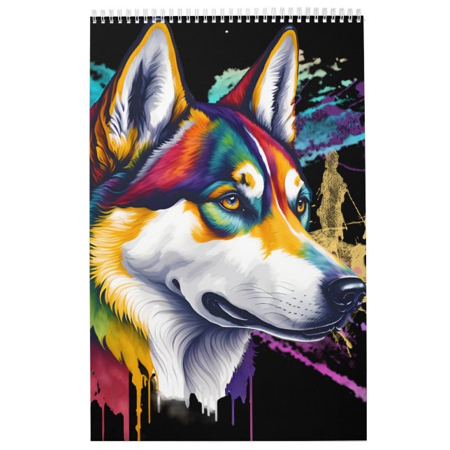 Calendário Rainbow Siberian Husky Watercolor (Capa)