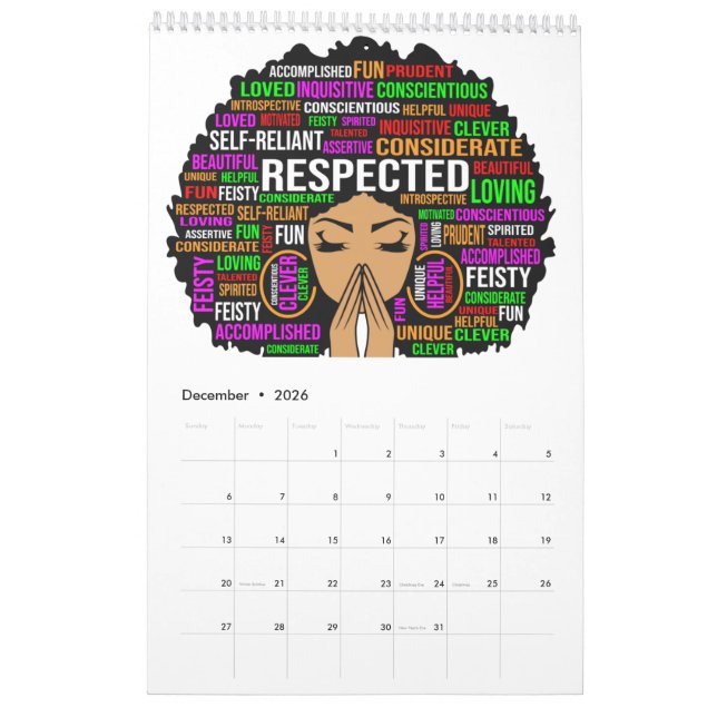 Calendário Rainha Negra Melanina Mulher Marrom Pele Sista Mag (Dez 2026)