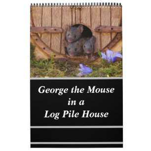 Calendário Ratos - George o rato numa casa de pilha de madeir