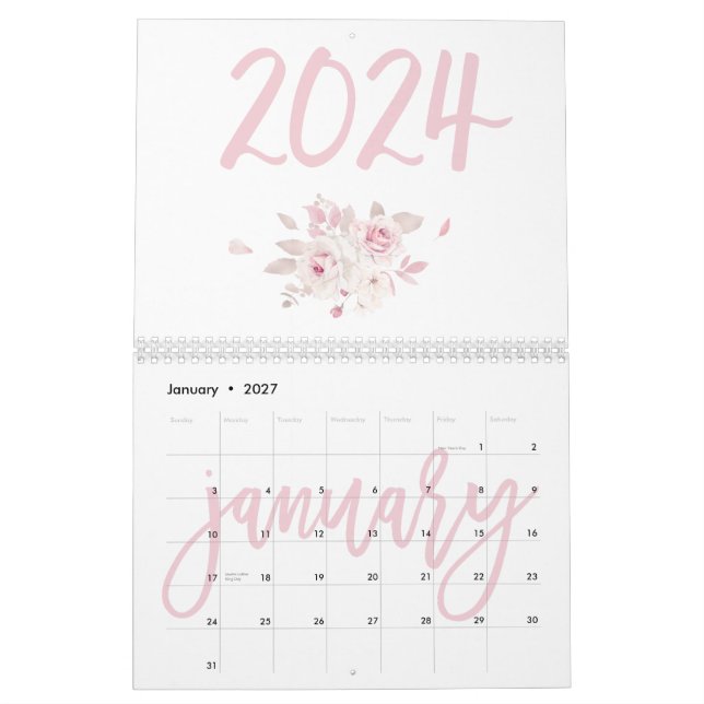 Calendário Rosa Floral Moderno 2024 (Jan 2027)