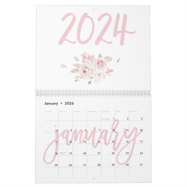 Calendário Rosa Floral Moderno 2024 (Jan 2026)