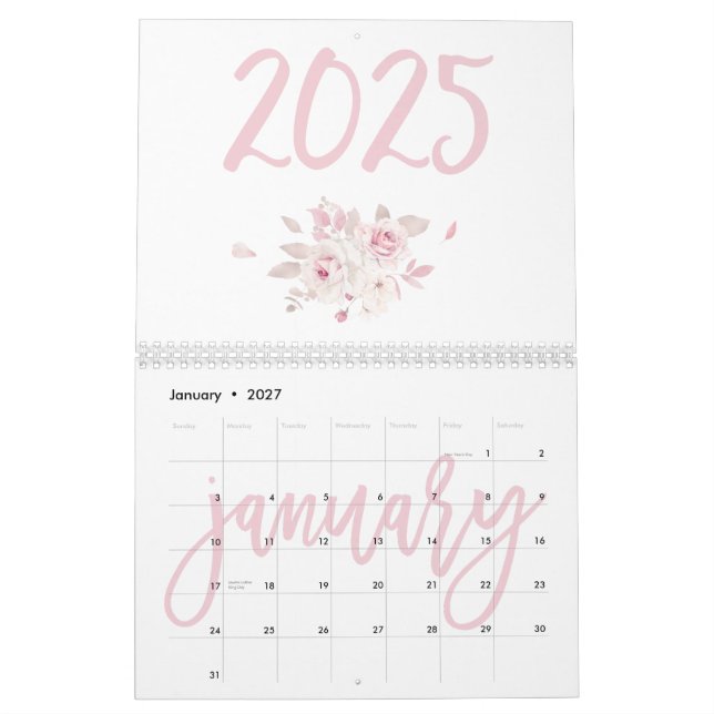Calendário Rosa Floral Moderno 2025 (Jan 2027)