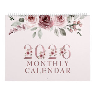 Calendário Rosa Rosa Elegante Bege 2026
