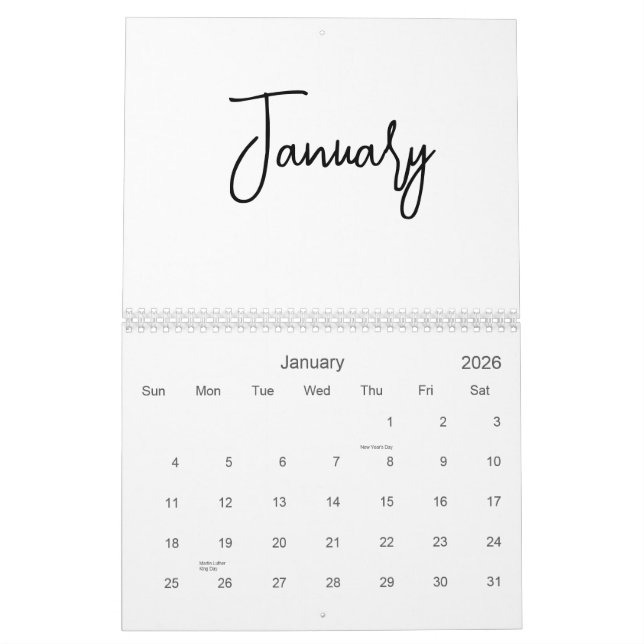 Calendário Script Simples e Preto e Branco a Qualquer Ano (Jan 2026)