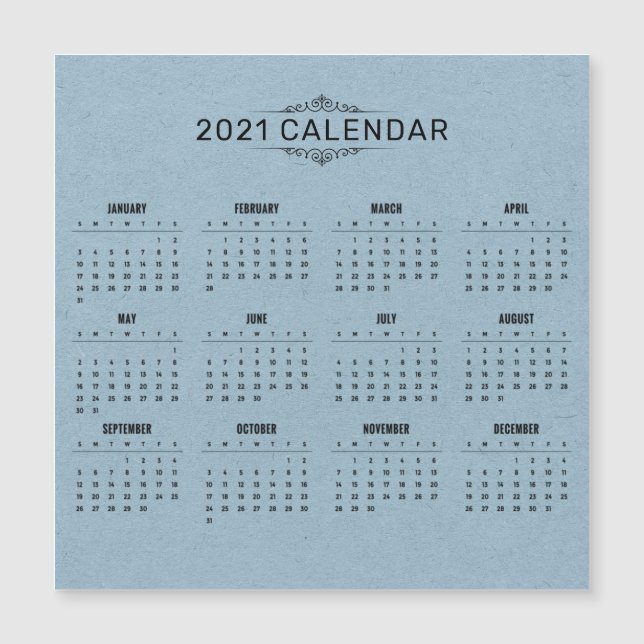 Calendário Simples 2021 em Papel Azul | Cartão Mag (Frente)
