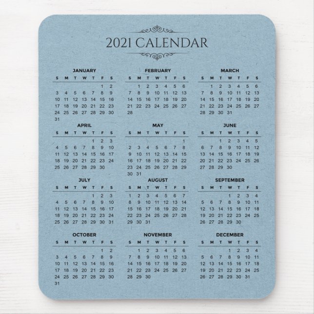 Calendário Simples 2021 em Papel Azul | Mousepad (Frente)
