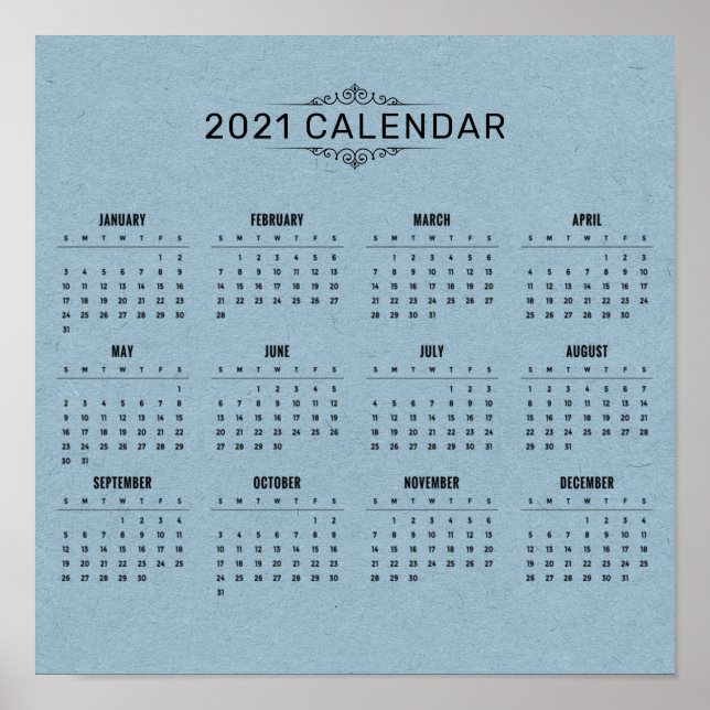 Calendário Simples 2021 em Papel Azul | POSTER (Frente)