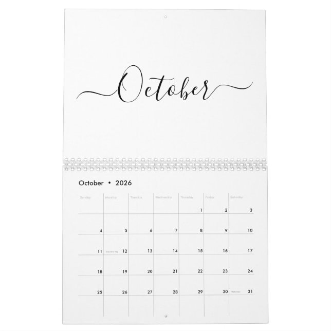 Calendário Simples, branco e preto, script personalizado no m (Out 2026)