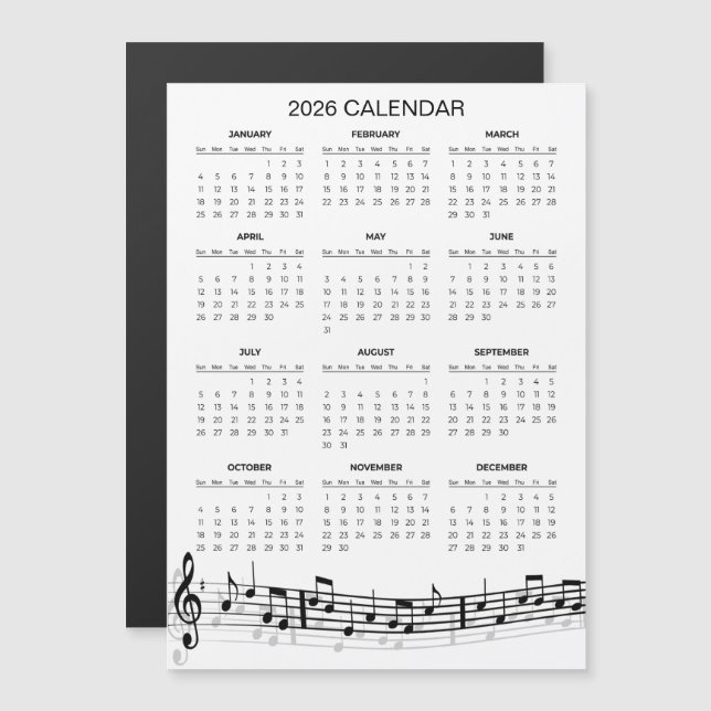 Calendário Simples de 2026 com Notas Musicais | Ím (Frente/Verso)