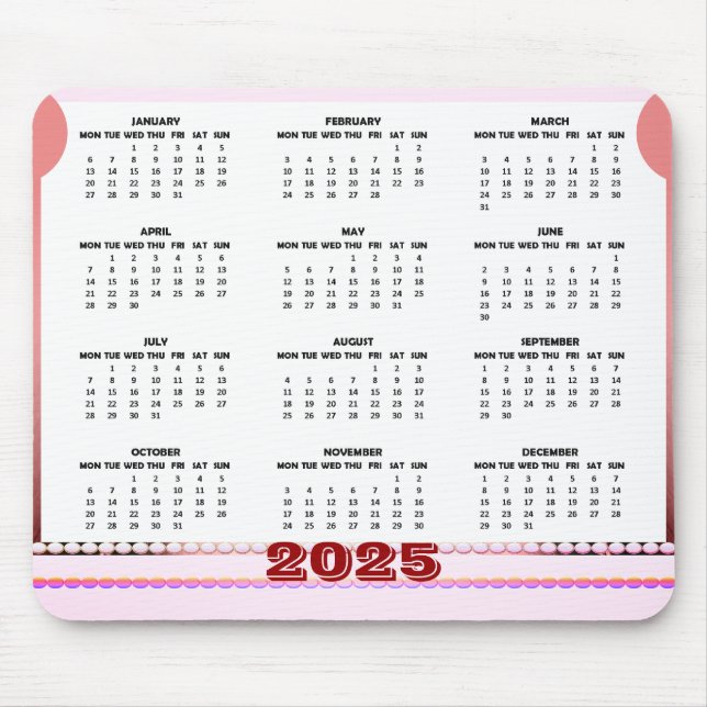 Calendário Simples e Fofo 2025 Mousepad (Frente)
