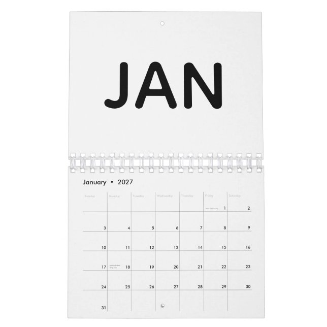 Calendário Simples Preto e Branco 2026 (Jan 2027)