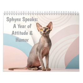 Calendário Sphynx Fala: Arte Mensal de Humor de Gato Editável