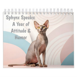 Calendário Sphynx Fala: Arte Mensal de Humor de Gato Editável