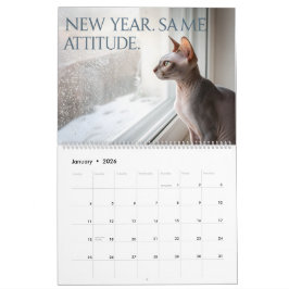 Calendário Sphynx Fala: Arte Mensal de Humor de Gato Editável