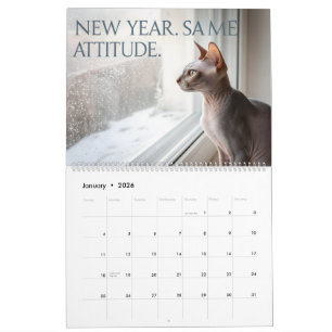 Calendário Sphynx Fala: Arte Mensal de Humor de Gato Editável