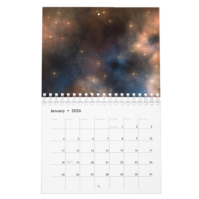 Calendário Starry Stars Space Galaxy Blue Black Padrão (Jan 2026)