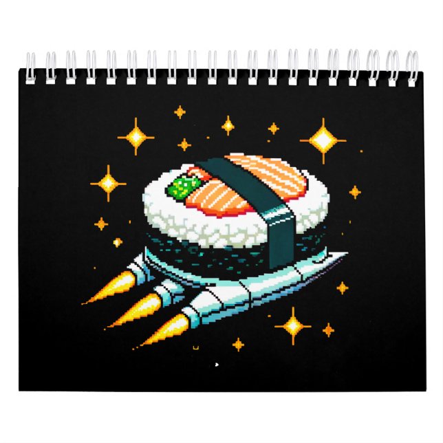 Calendário Sushi Spaceship Pixel Art Voando Sushi Roll Design (Capa)