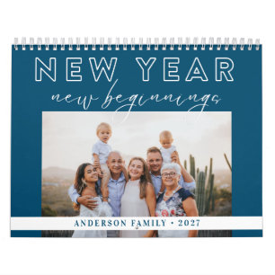 Calendário Tipografia Ano Novo Novos Começos Foto Azul Teal