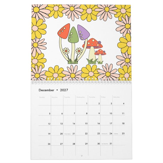 Calendário Trato 70s Hippie Groovy Mushroom e Flor (Dez 2027)