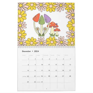 Calendário Trato 70s Hippie Groovy Mushroom e Flor