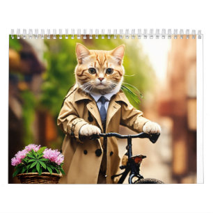 Calendário : Trendy Feline Adventure: Cat in Trench Casaco on