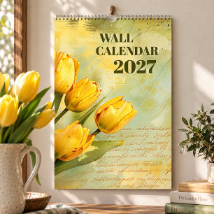 Calendário Tulipas em Aquarela Vintage Parede Floral 2027