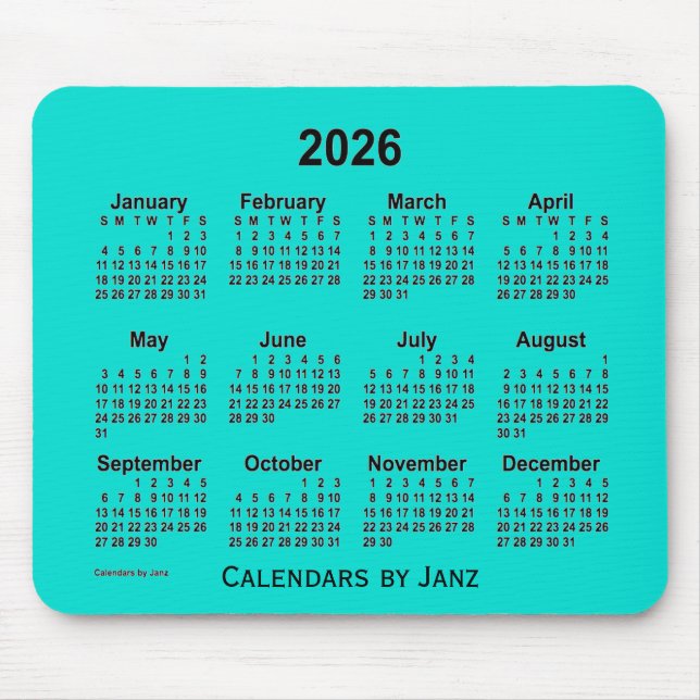 Calendário Turquesa de 2026 por Janz Mouse Pad (Frente)