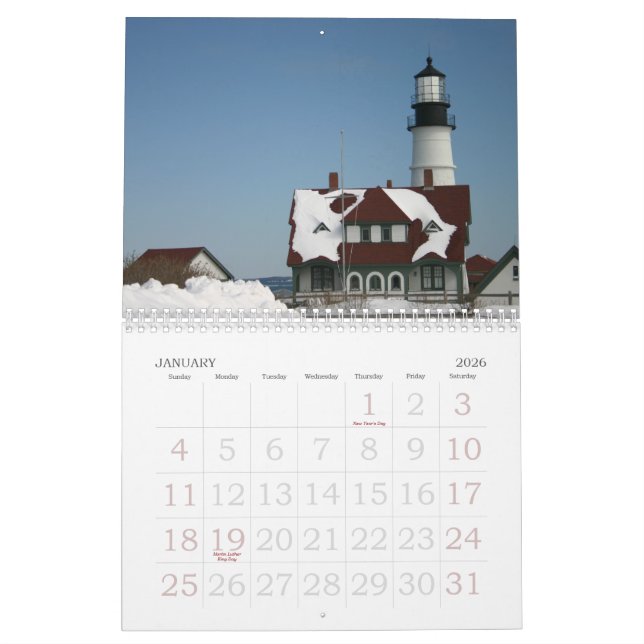 Calendário Um ano com luz principal de Portland (Jan 2026)