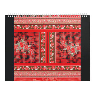 Calendário um design floral vermelho e verde num fundo preto