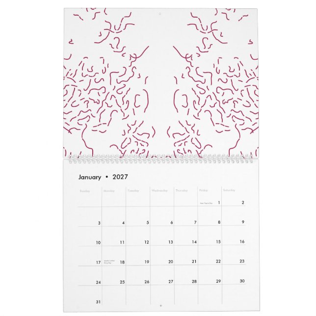 Calendário um fundo branco com muitas linhas vermelhas (Jan 2027)
