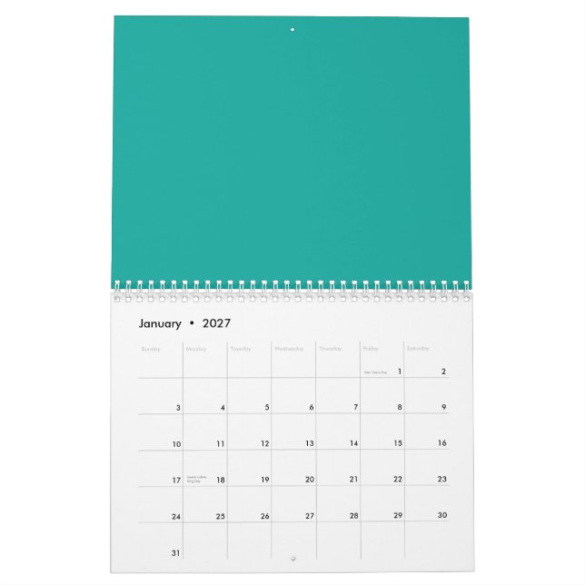 Calendário Um fundo gradiente misturando azul em verde. (Jan 2027)