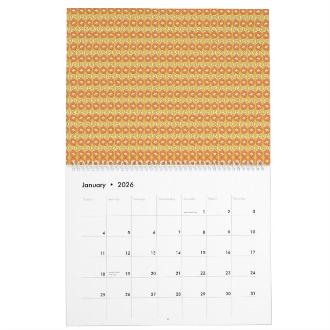 Calendário um fundo laranja e amarelo com pequenos pontos (Jan 2026)