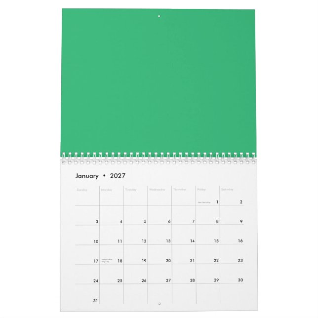Calendário um fundo verde com borda branca (Jan 2027)