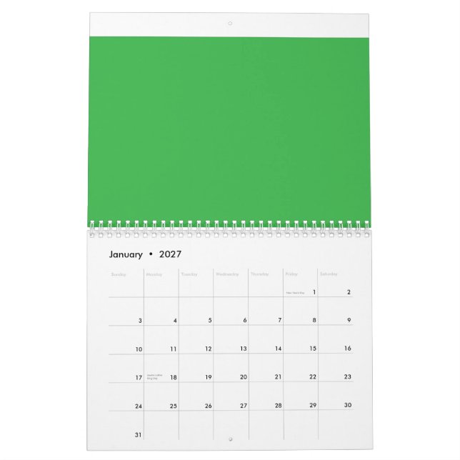 Calendário um fundo verde com borda branca (Jan 2027)