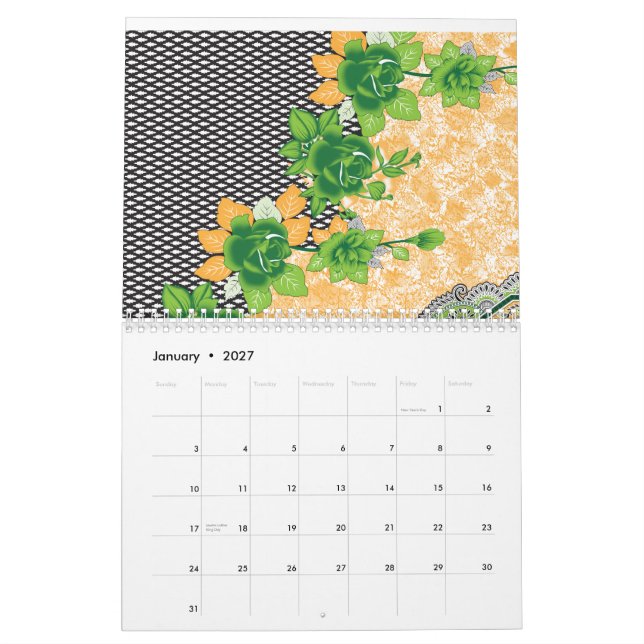 Calendário Um padrão bem feito de verde e laranja (Jan 2027)