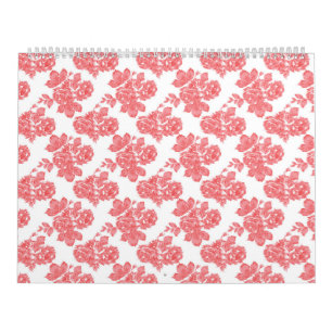 Calendário um padrão de flores brancas e vermelhas num fundo 