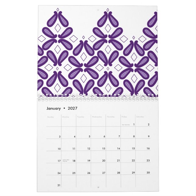 Calendário Um padrão simétrico com m branco e roxo (Jan 2027)