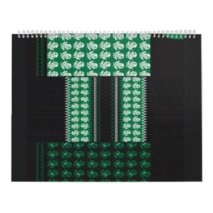 Calendário um padrão verde e preto com uma árvore no meio