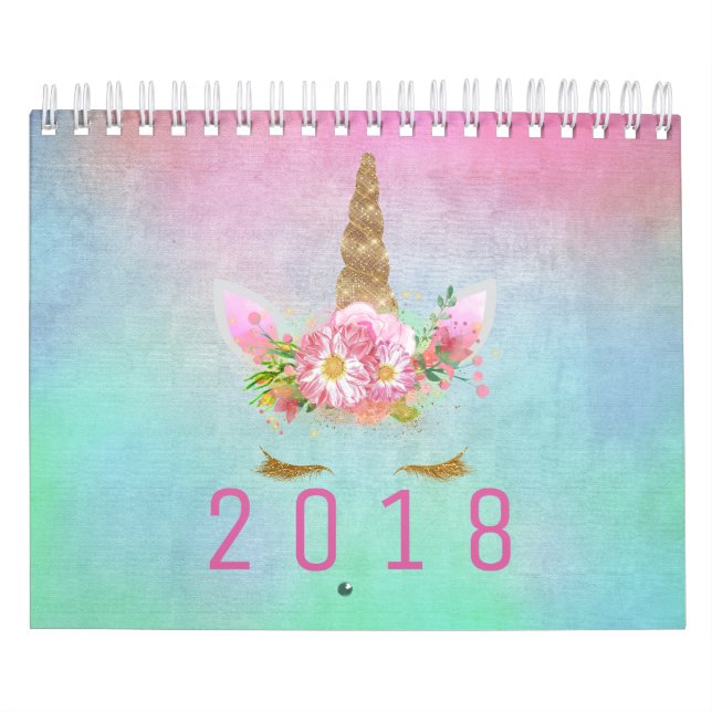 Calendário Unicorne Face Horn Glitter Rosa Rosa Rosa Aqua Wat (Capa)