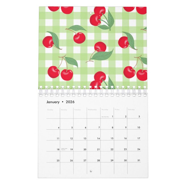 Calendário Vermelho Fruta de Cereja Verde Deixa Pastel Lumber (Jan 2026)