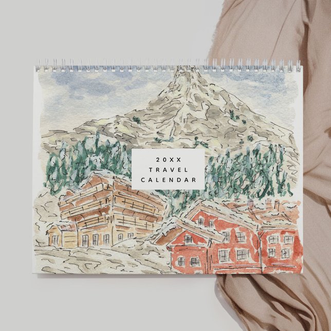 Calendário Viagem de Aquarela (Watercolor Travel Calendar - Swiss Alps, Morocco, California, France, China, and more!)