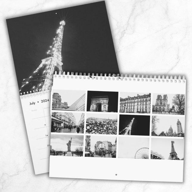 Calendário Viagem Mínimo de preto e branco em Paris personali (Paris Calrendar Custom Trael Calendar)