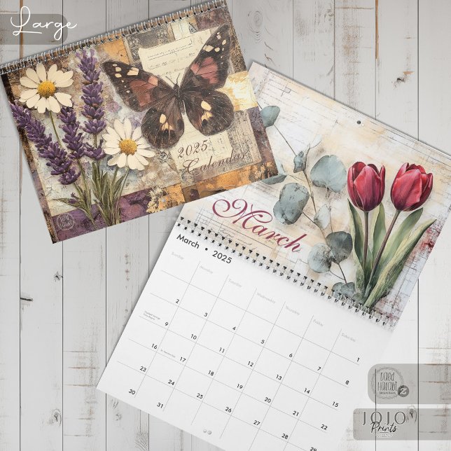 Calendário Vintage Floral Borboleta (Vintage Floral Butterfly Calendar_Large)