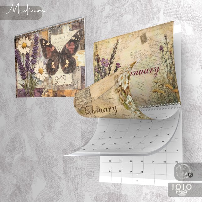 Calendário Vintage Floral Borboleta (Vintage Floral Butterfly Calendar_Medium)