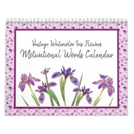 Calendário Vintage Watercolor Iris Flowers Palavras Motivacio
