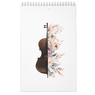 Calendário Violino entre flores. Buquê de flores.
