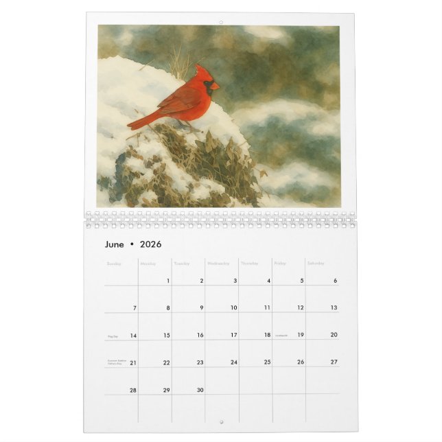 Calendário Watercolor Cardinals 2026 (Jun 2026)