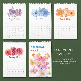 Calendário Watercolor Flowers 2026 Calendar | Elegant Floral